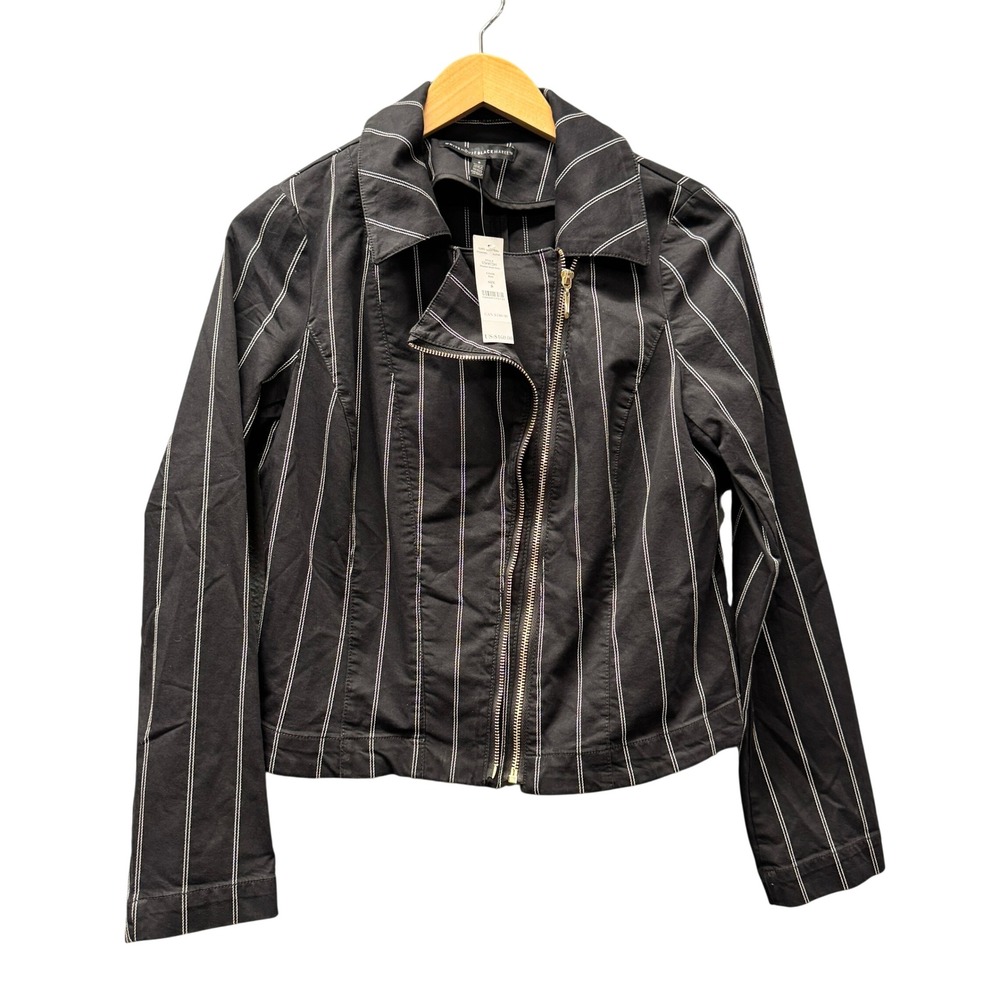 White House Black Market Moto Jacket Womens 8 Washed Stripe Black Pinstripe NEW